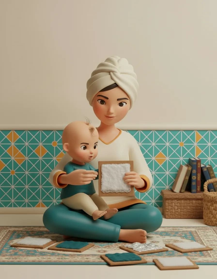 مرحلهی ۳ بازی کارتهای لمسی بافت: کارتها را یکییکی به کودک بدهید، دستش را رویش بکشید و بافت را با کلمه توصیف کنید («نرمه»، «زبره»، «قلقلکیه»).