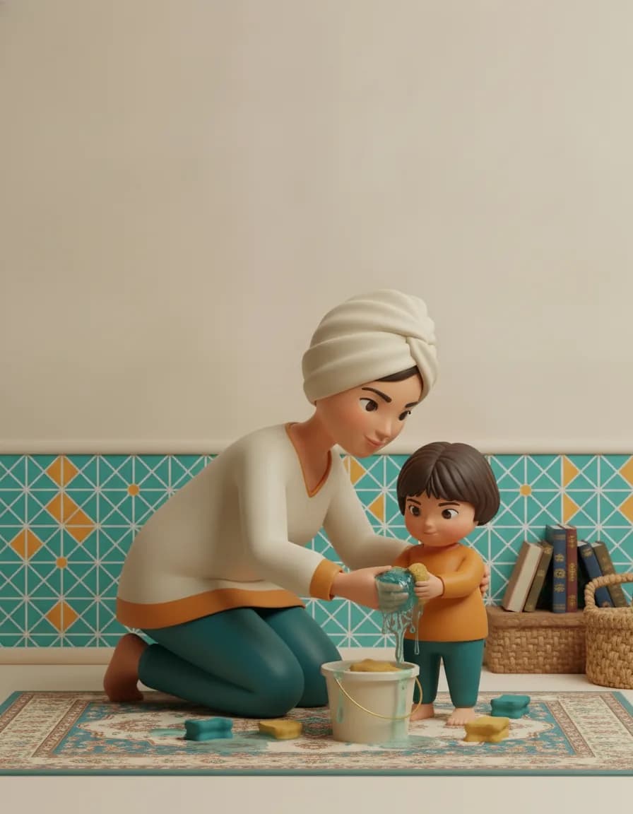 مرحله‌ی ۱ بازی اسفنج‌بازی خیس در بالکن: چند اسفنج را در سطل آب خیس کنید.