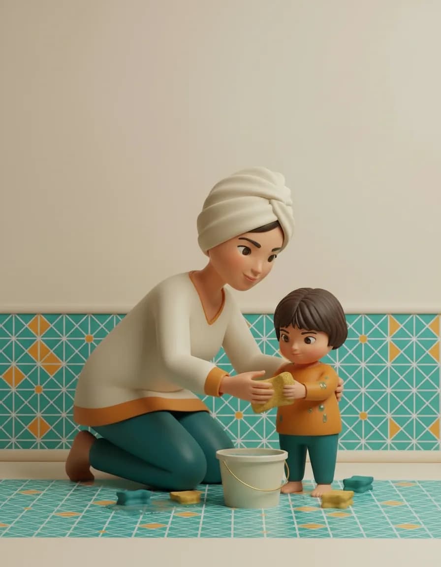 مرحله‌ی ۴ بازی اسفنج‌بازی خیس در بالکن: لباسی بپوشانید که خیس‌شدنش اشکالی نداشته باشد و بگذارید کاملاً غرق تجربه شود.