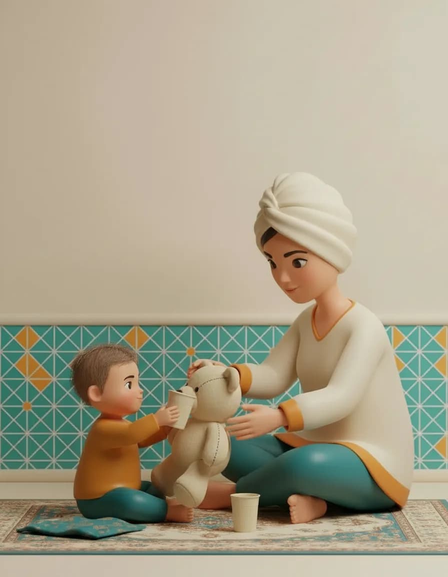 مرحلهی ۳ بازی مراقبت از عروسک خرسی: لیوان خالی بدهید و بگویید «به خرسه آب بده».