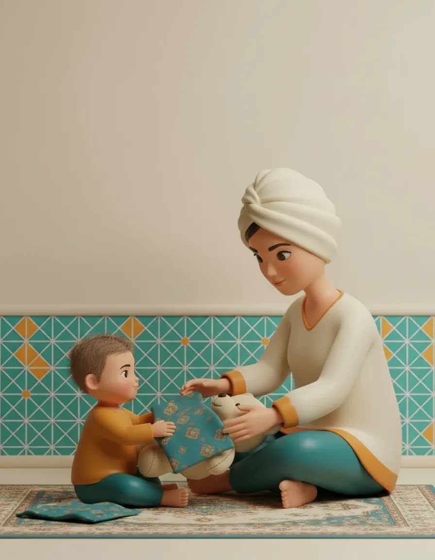مرحلهی ۴ بازی مراقبت از عروسک خرسی: پتوی کوچک بدهید تا رویش بکشد و بخواباندَش.