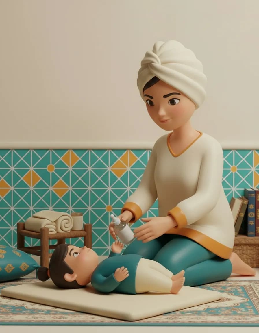 مرحلهی ۴ بازی ماساژ آرام بعد از حمام: تماس چشمی و لبخند را حفظ کنید و به واکنشهای بچه (آرام شدن، سرو صدا کردن) جواب بدهید.