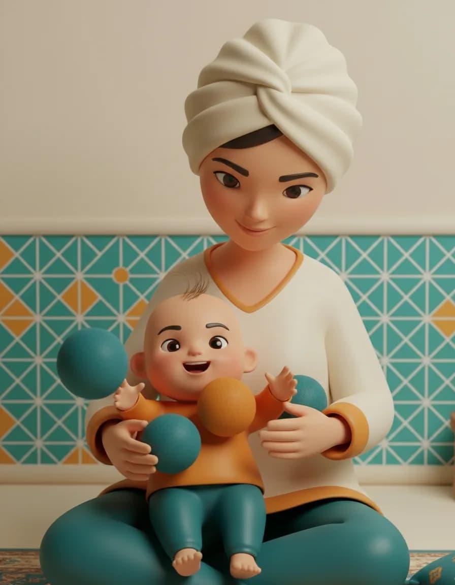 مرحلهی ۲ بازی بارون پُمپُم: یک آهنگ ساده بخوانید (مثلاً «بارون بارون میباره...») و همزمان تکههای پارچه را از بالا روی سینه و شکمش رها کنید.