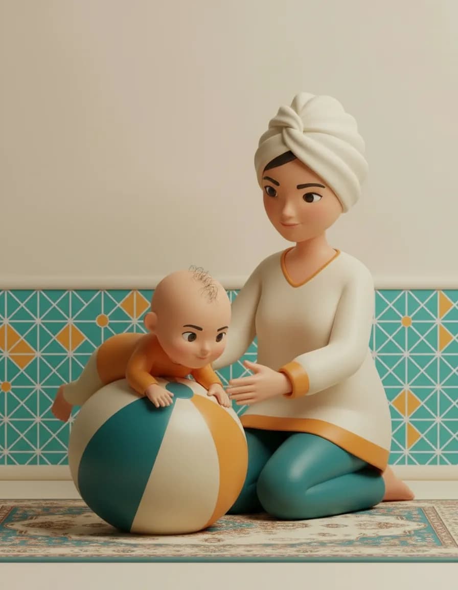 مرحلهی ۲ بازی توپ ساحلی شکمخوابی: بچه را شکمخواب روی توپ بگذارید و با هر دو دست محکم نگهاش دارید.