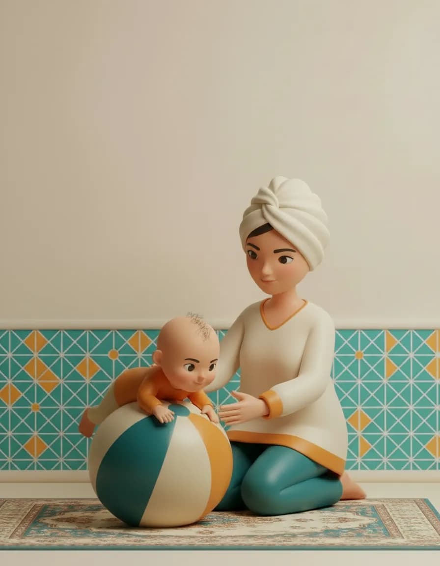 مرحلهی ۳ بازی توپ ساحلی شکمخوابی: خیلی آرام توپ را کمی به جلو-عقب و بعد کمی به چپ-راست تکان بدهید.