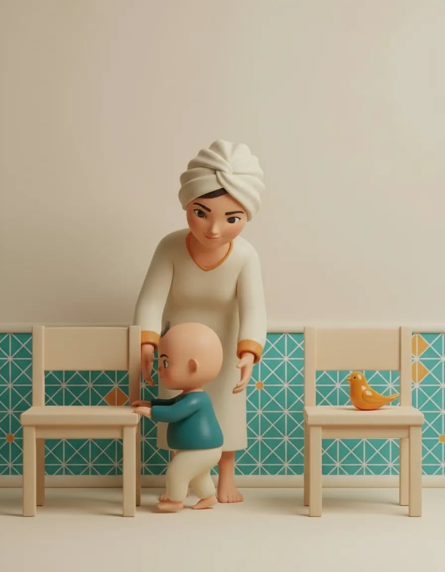 مرحله‌ی ۲ بازی گنج‌یابی دور مبل: بچه را کنار یکی بایستانید تا با دست به آن تکیه کند.