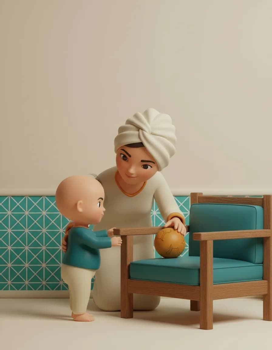 مرحله‌ی ۳ بازی گنج‌یابی دور مبل: یک اسباب‌بازی روی صندلی دوم بگذارید و تشویقش کنید برای رسیدن به آن، دست‌به‌دست میان دو صندلی حرکت کند (راه رفتن با گرفتن مبل).
