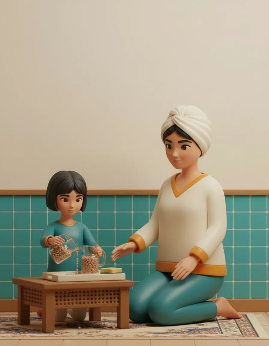 مرحلهی ۱ بازی آبریز کوچولو: یک پارچ را از برنج یا لوبیا پر کنید و کنار پارچ خالی روی سینی بگذارید.