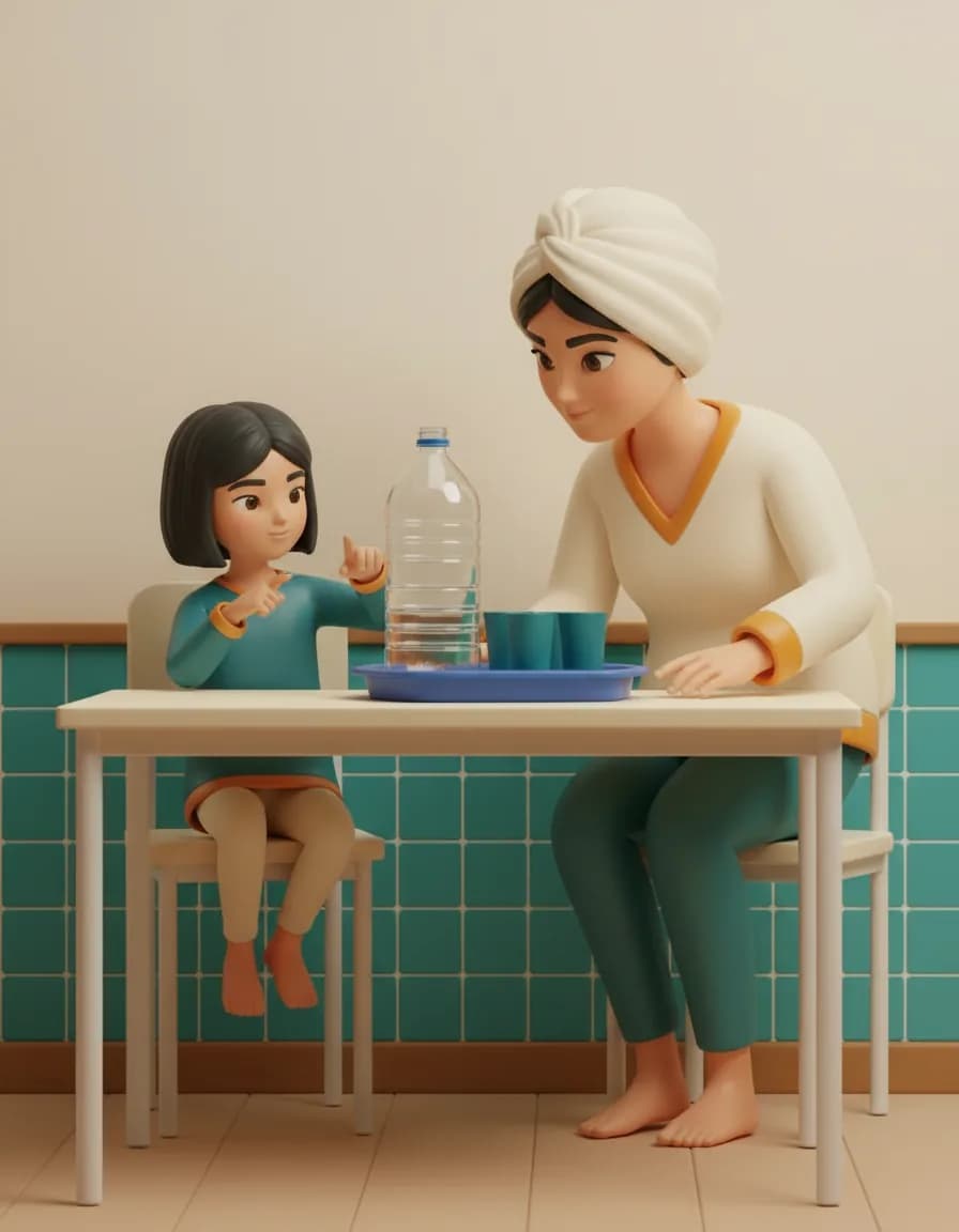 مرحلهی ۱ بازی چند لیوان پر میشه؟: یک ظرف بزرگ خالی (مثلاً یک بطری ۱ لیتری) و چند لیوان کوچک را کنار هم بچینید.
