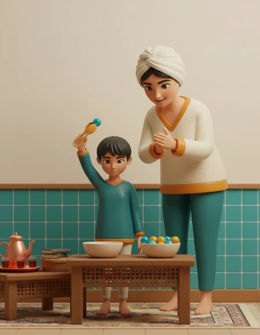 مرحله‌ی ۴ بازی انبرک قهرمان: می‌توانید همزمان رنگ‌ها یا اندازه‌ها را هم نام ببرید («این یکی قرمزه، بذارش تو کاسه آبی»).