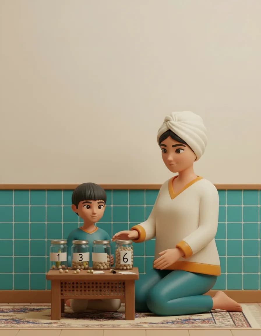 مرحله‌ی ۱ بازی حدس شیشه: سه شیشه‌ی «نمونه» درست کنید: شیشه‌ی اول یک دانه نخود با برچسب عدد ۱، شیشه‌ی دوم سه‌تا با برچسب ۳، شیشه‌ی سوم شش‌تا با برچسب ۶.