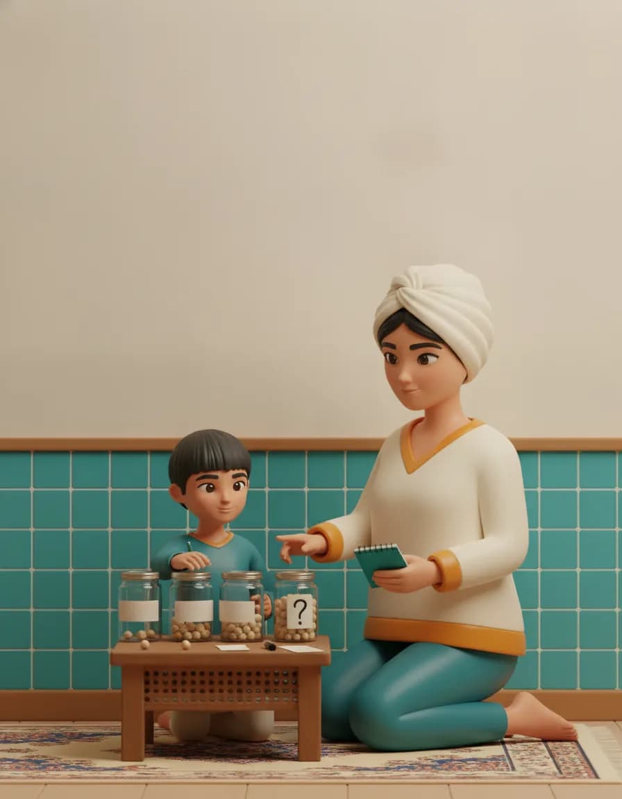 مرحله‌ی ۲ بازی حدس شیشه: شیشه‌ی چهارم را با ده‌تا نخود پر کنید اما رویش فقط علامت سؤال بچسبانید.
