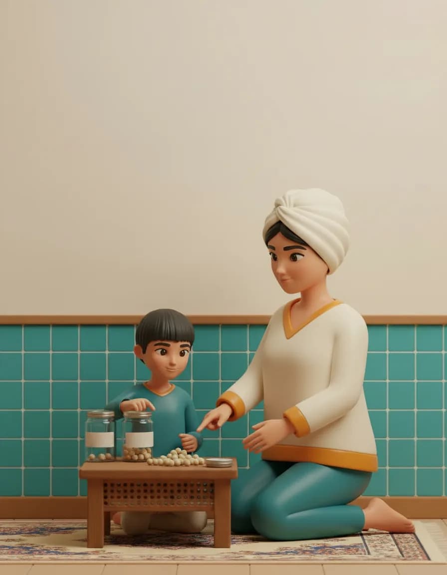 مرحله‌ی ۳ بازی حدس شیشه: کودک با نگاه به سه شیشه‌ی نمونه (۱، ۳، ۶) حدس بزند شیشه‌ی چهارم چند تا دارد؛ حدسش را روی کاغذ بنویسید یا بگویید.