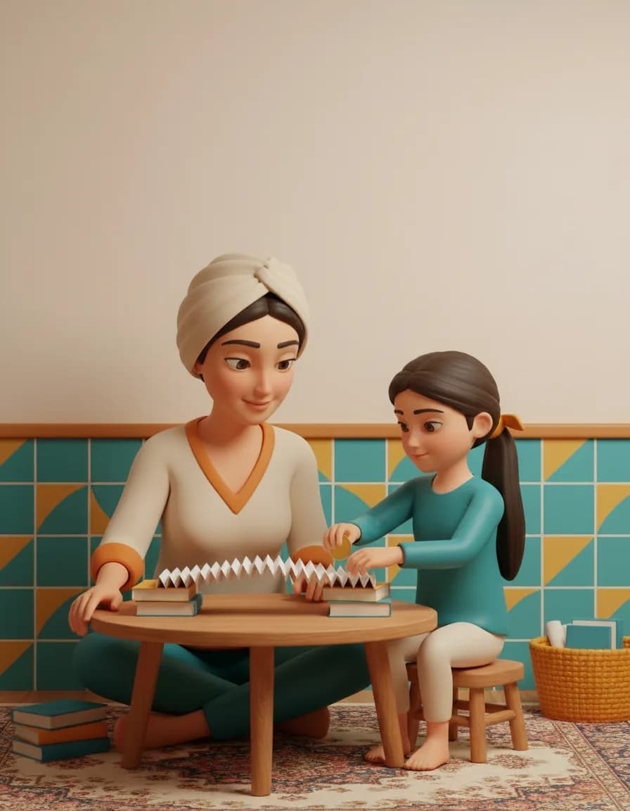 مرحلهی ۳ بازی پل کاغذی محکم: از کودک بپرسید «چطور میتونیم این کاغذ رو محکمتر کنیم؟» و بگذارید خودش پیشنهاد بدهد (تا زدن، چین دادن، لوله کردن).