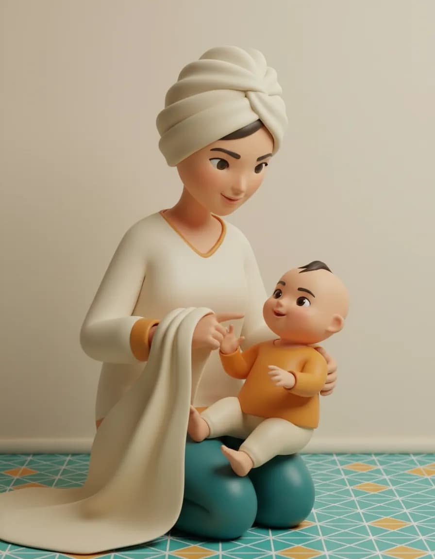 مرحله‌ی ۲ بازی رقص حوله‌ای: هر انگشت دست و پا رو جدا جدا لمس کنید و اسمش رو بگید («این یکی شصته، این یکی اینه...»).
