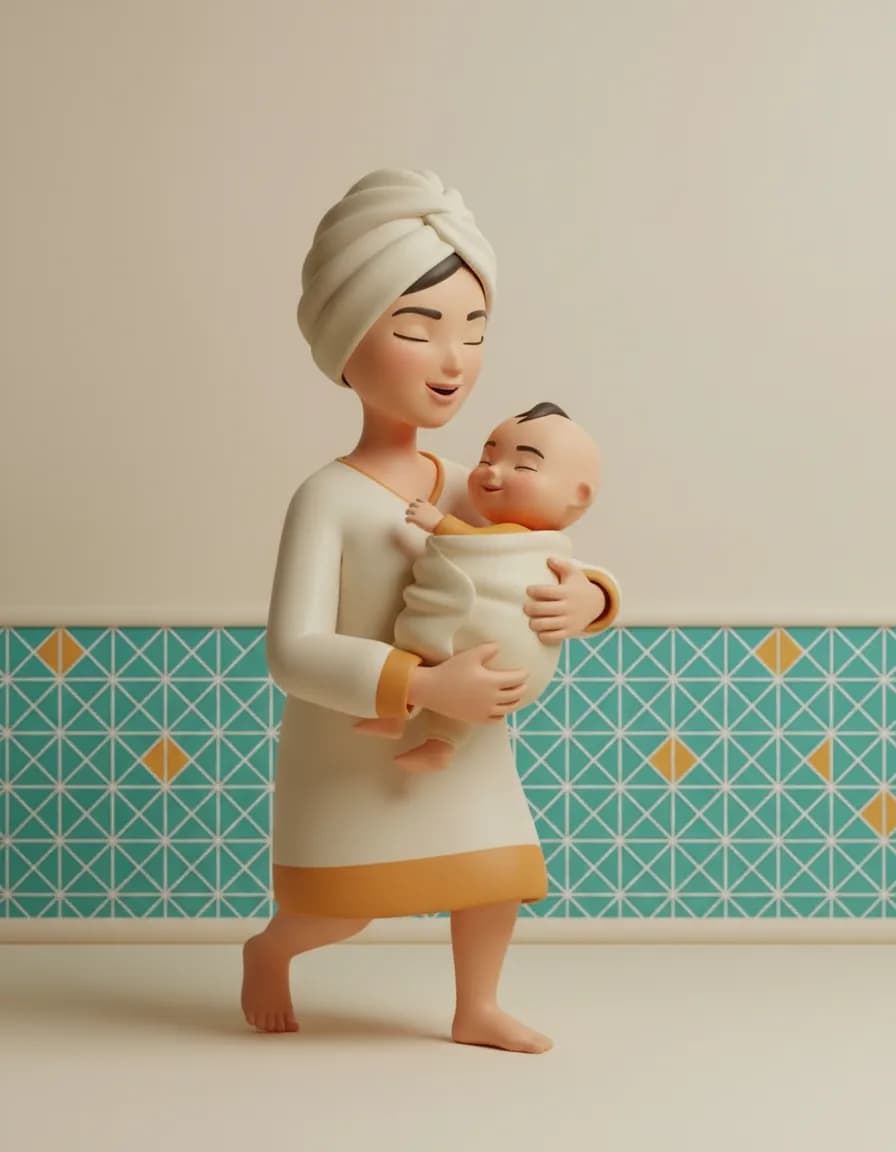 مرحله‌ی ۳ بازی رقص حوله‌ای: همزمان با لحن شاد کمی تکونش بدید، انگار دارید باهم می‌رقصید.
