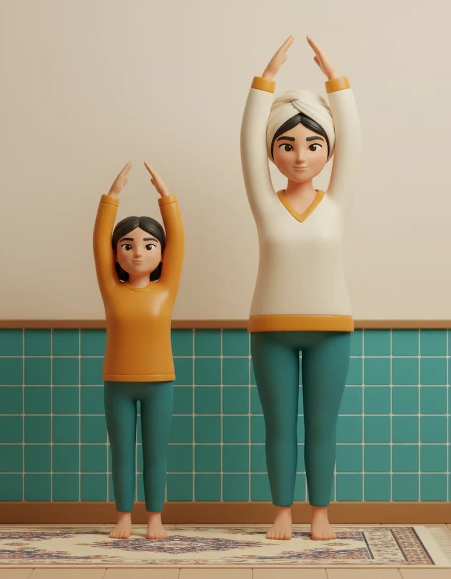 مرحله‌ی ۱ بازی کش‌وقوس آروم: با هم بایستید یا روی فرش بشینید و موسیقی آروم (اختیاری) بذارید.