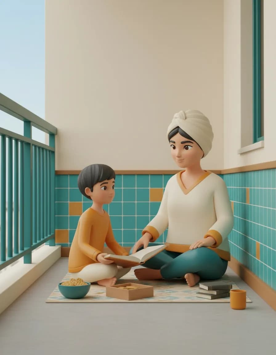 مرحله‌ی ۲ بازی پیک‌نیک کوچولوی بالکن: چند کتاب، یک میان‌وعده ساده و شاید یک بازی فکری کوچیک ببرید.