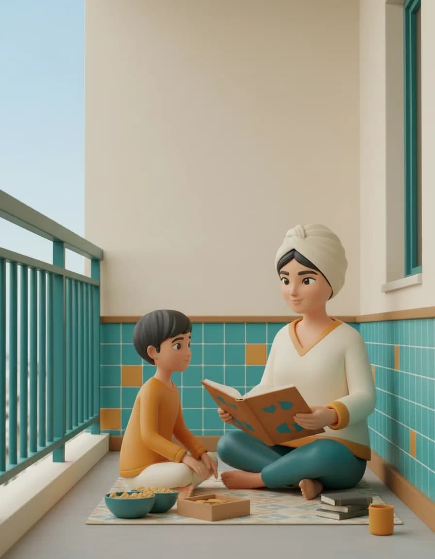 مرحله‌ی ۳ بازی پیک‌نیک کوچولوی بالکن: با هم بشینید، کتاب بخونید یا فقط از هوای بیرون و صداهای اطراف حرف بزنید.