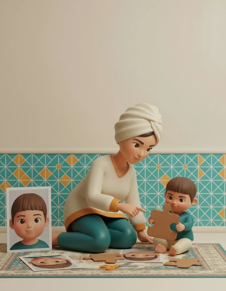 مرحلهی ۱ بازی پازل عکس خودم: یک عکس از صورت کودک را دو بار چاپ کنید؛ یکی را روی مقوا بچسبانید و به ۲ یا ۳ تکه بزرگ و ساده ببرید.