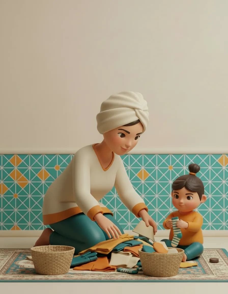 مرحلهی ۴ بازی دستهبندی لباسا: بقیه لباسها را هم میتوانید به دسته «لباس بابا» و «لباس بچه» تقسیم کنید.