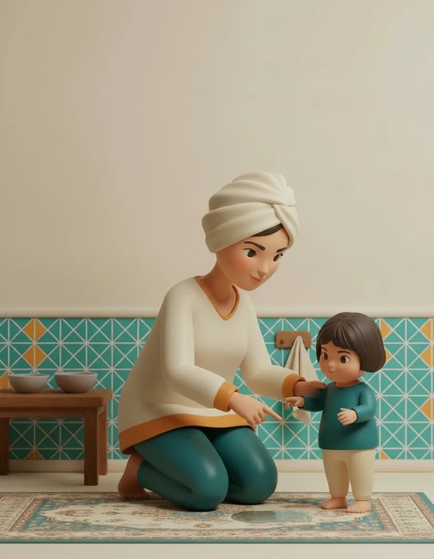 مرحله‌ی ۱ بازی دستیار تمیزکاری: یک دستمال کوچک همیشه در دسترس کودک (مثلاً روی یک قلاب کوتاه) بگذارید.