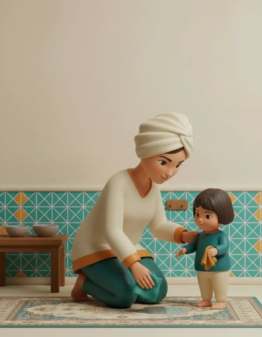 مرحله‌ی ۲ بازی دستیار تمیزکاری: هر وقت چیزی ریخت — آب، غذا، رنگ — با آرامش بگویید «ریخت! بیا پاکش کنیم».