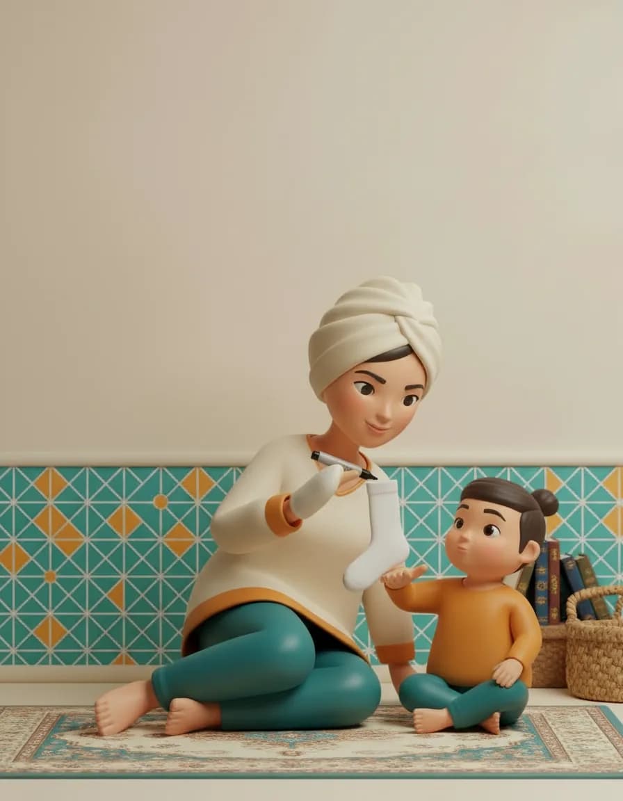 مرحله‌ی ۱ بازی عروسک جوراب پرحرف: با ماژیک روی یه جوراب چشم و دهن بکش (بدون چسبوندن دکمه یا مهره کوچک).