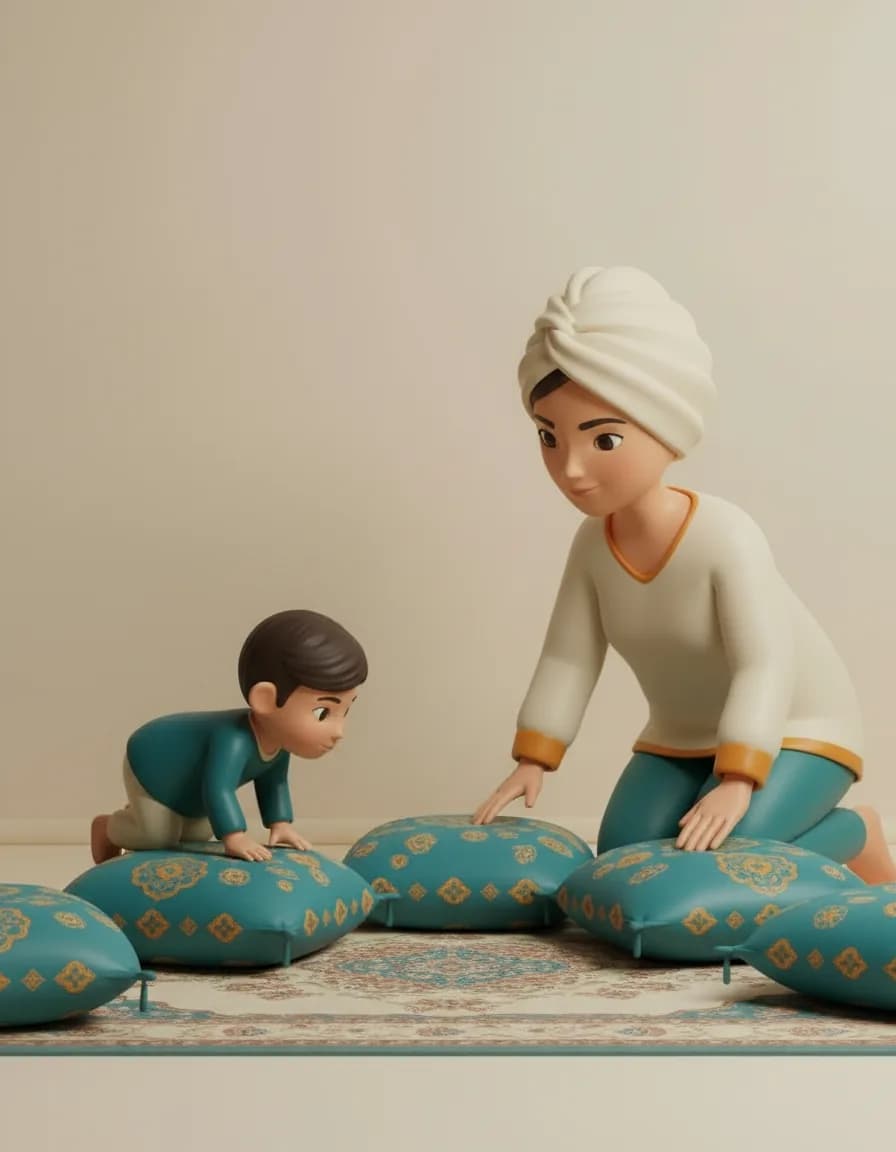 مرحله‌ی ۱ بازی کاروان حیوانات: با کوسن‌های مبل یه مسیر بساز که باید ازشون بالا بره یا دورشون بزنه.