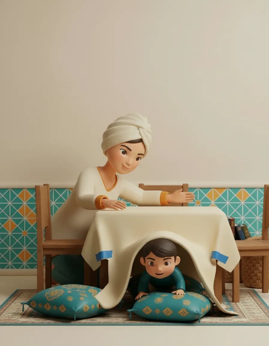 مرحله‌ی ۲ بازی کاروان حیوانات: یه تونل با پتو روی دو صندلی یا زیر میز درست کن.