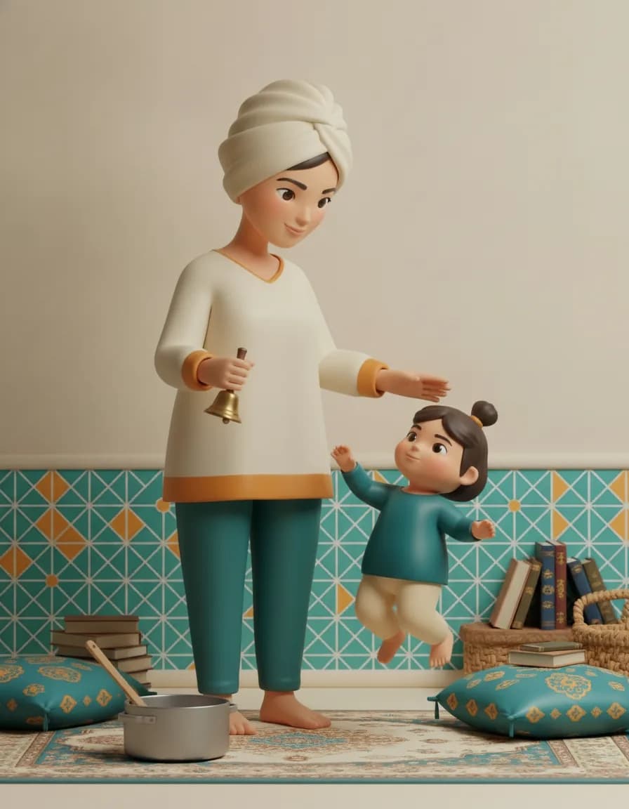 مرحلهی ۱ بازی فرمان صدا: برای هر صدا یه حرکت تعیین کن: زنگوله = بپر، قابلمه = بکوب پا رو زمین، دستزدن = وایسا.