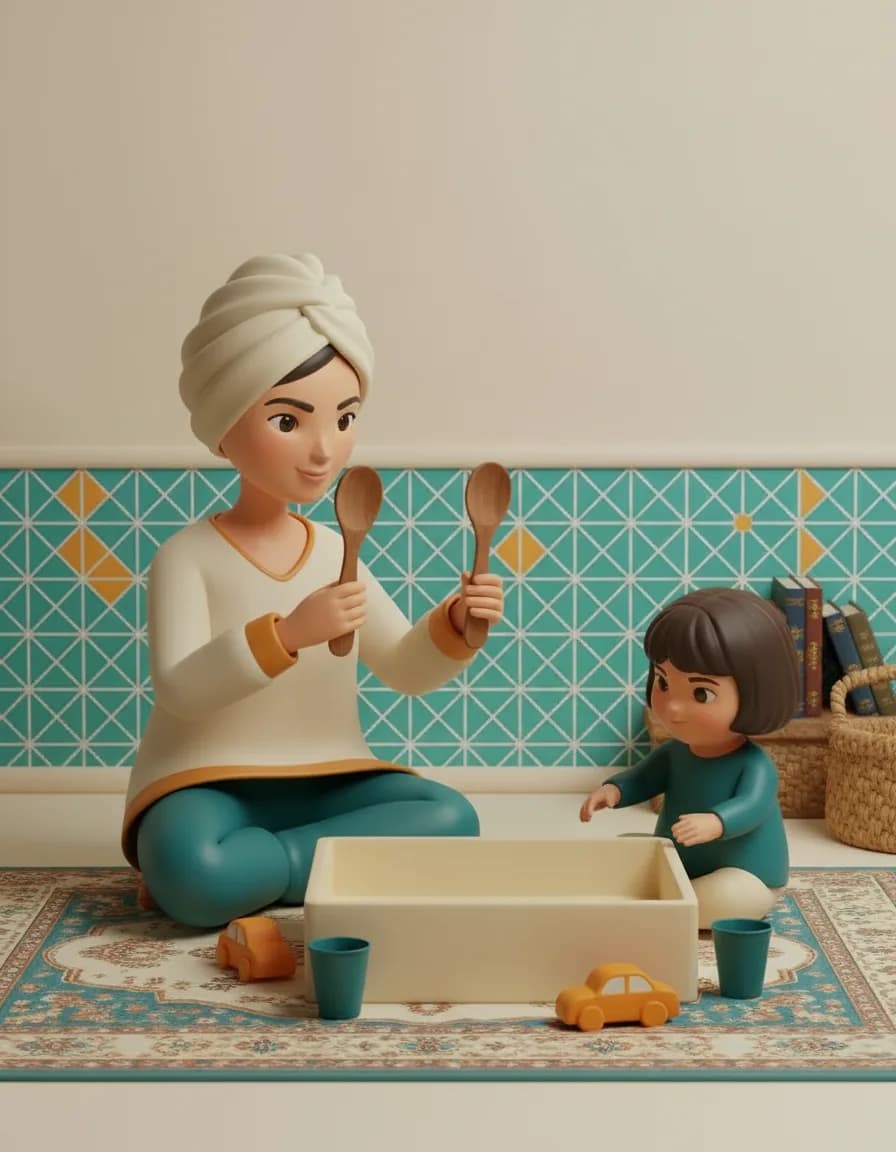 مرحلهی ۱ بازی جفتیابی در باکسِ حسی: اول هر جفت شیء رو به بچه نشون بده و اسمش رو بگو، بذار خودش هم تکرار کنه.