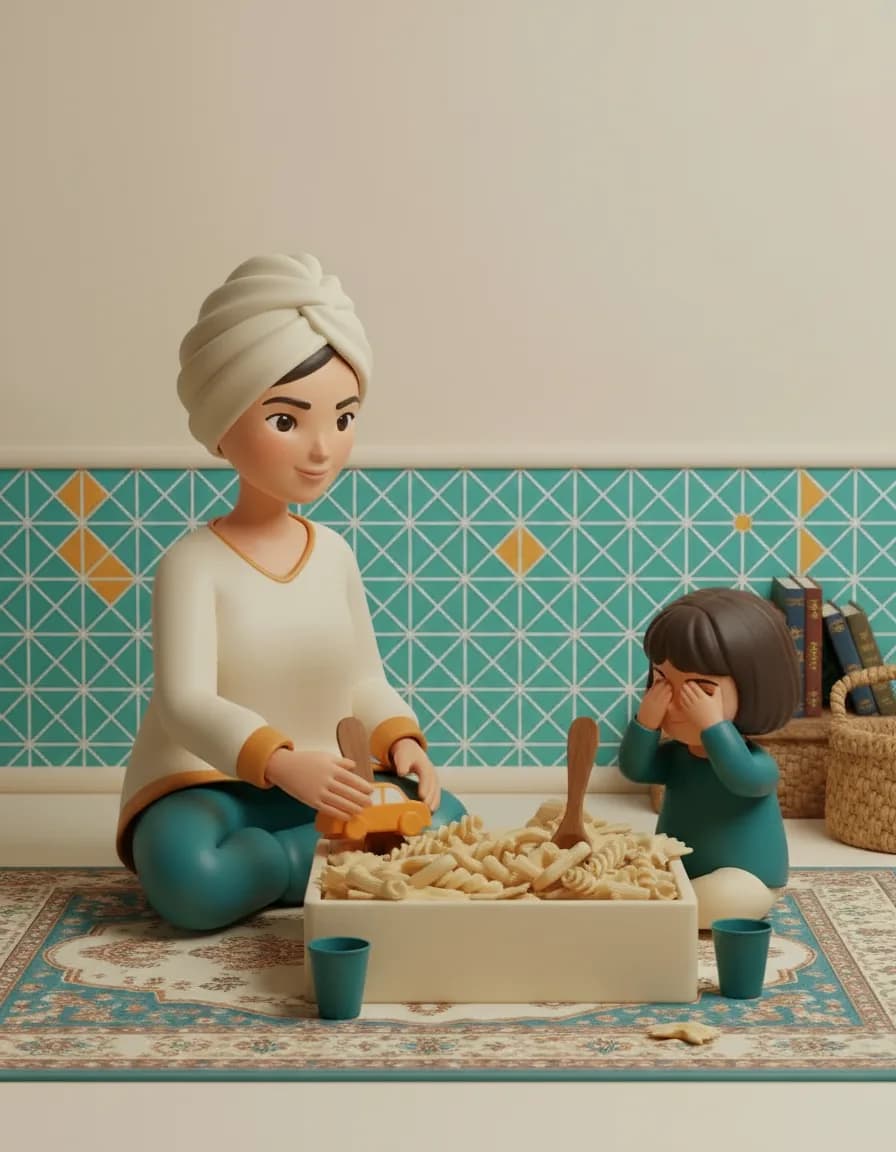 مرحلهی ۲ بازی جفتیابی در باکسِ حسی: بگو چشماشو ببنده و اشیا رو زیر پاستاها قایم کن.