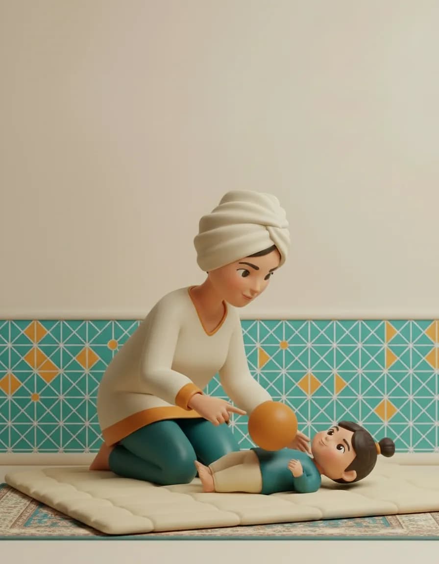 مرحلهی ۱ بازی غلت بده، دنبالش برو: توپ نرم بزرگ را جلوی کودک نشان دهید.