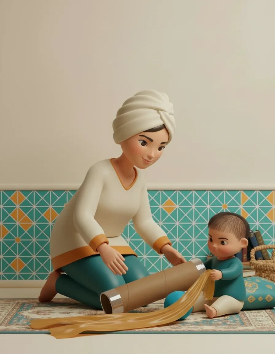 مرحلهی ۲ بازی کاوش لولهٔ کادو: کودک را تشویق کنید بکشدش بیرون.