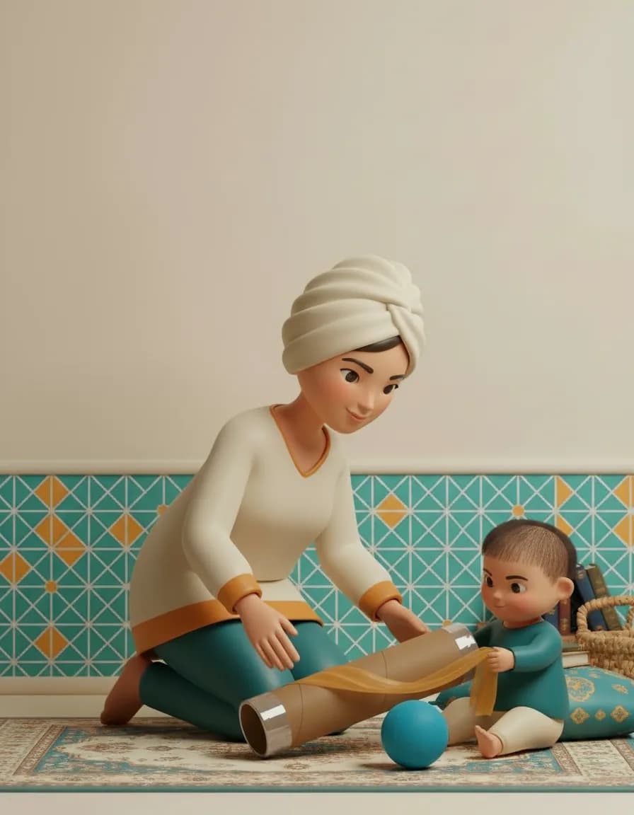 مرحلهی ۴ بازی کاوش لولهٔ کادو: اجازه دهید لوله را مثل شیپور روی زمین بکوبد یا بغلتاند و دنبالش بدود.