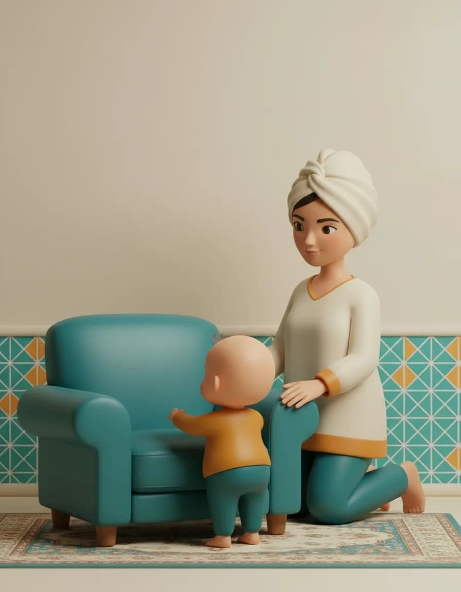 مرحلهی ۱ بازی بایست و برس: بگذارید بچه کنار یک مبل یا صندلی محکم بایستد و با دستهایش به آن تکیه کند.