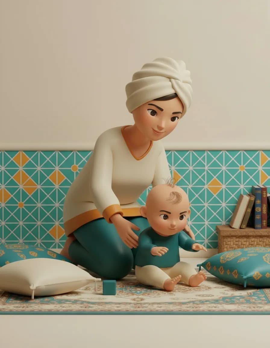 مرحلهی ۱ بازی دراز دست تا گنجینه: بچه را در حالت نشسته روی زمین بگذارید و چند بالش نرم دورش بچینید (برای اطمینان از افتادن ایمن).
