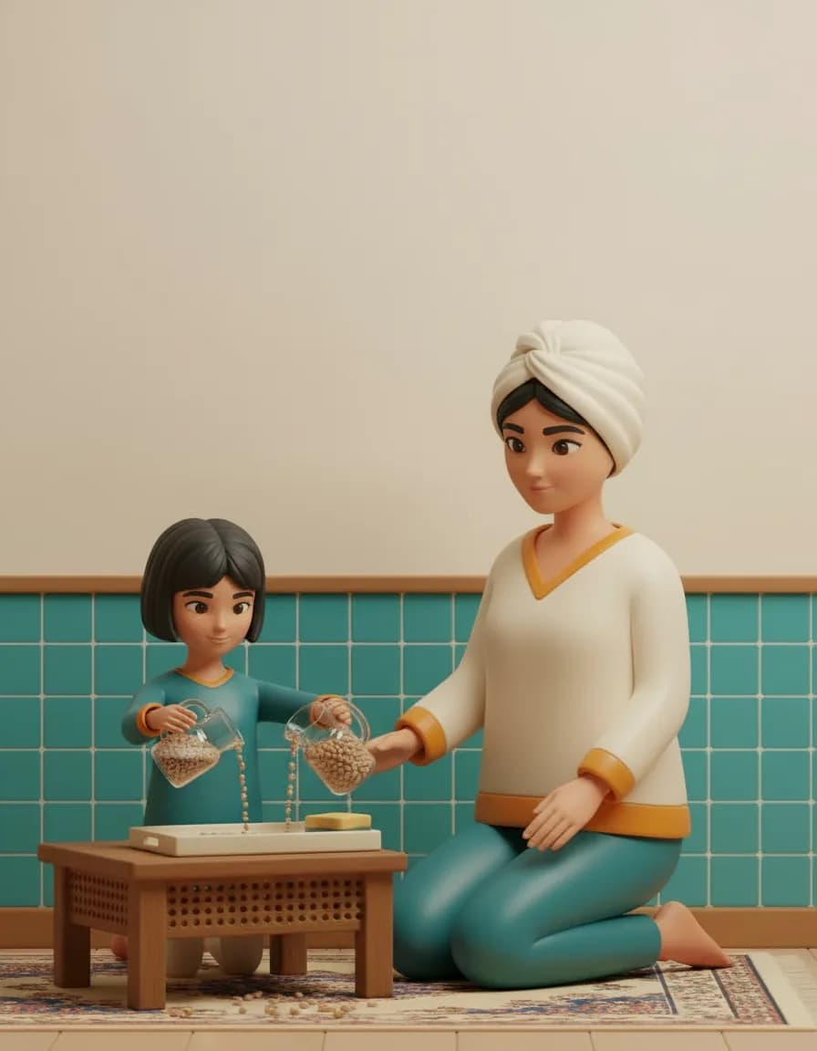 مرحلهی ۲ بازی آبریز کوچولو: آرام و بدون حرف زدن نشان دهید چطور با دو دست، برنج را از یک پارچ به پارچ دیگر میریزید.