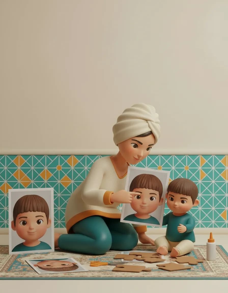 مرحلهی ۲ بازی پازل عکس خودم: عکس سالم را کنار تکهها بگذارید تا کودک الگو را ببیند.