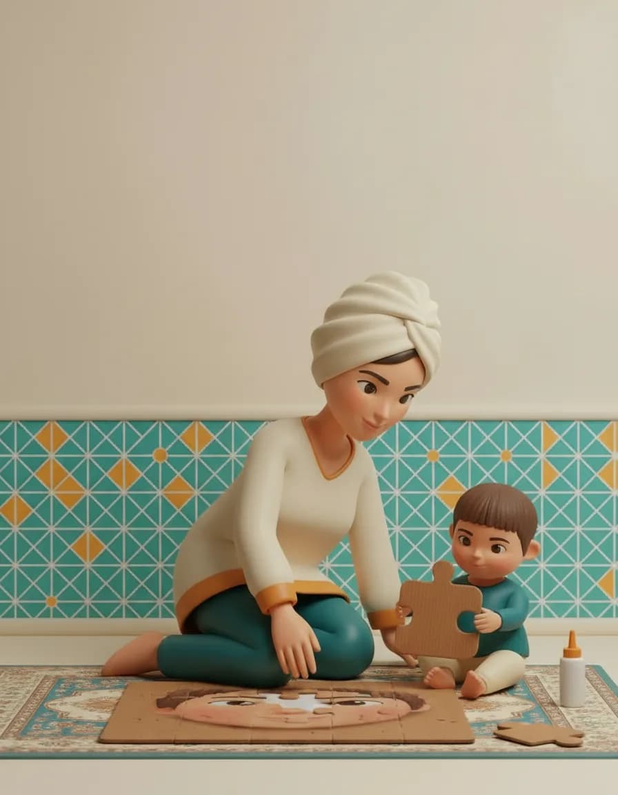 مرحلهی ۳ بازی پازل عکس خودم: از او بخواهید تکهها را کنار هم بچیند تا صورت خودش را دوباره بسازد.
