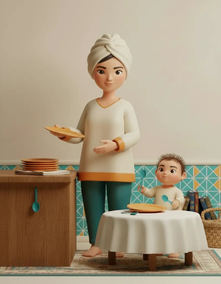 مرحلهی ۲ بازی سفرهچین کوچولو: برای هر عضو خانواده بگویید «این برای بابا، این برای تو» و از کودک بخواهید یکییکی ببرد سر جایش بگذارد.