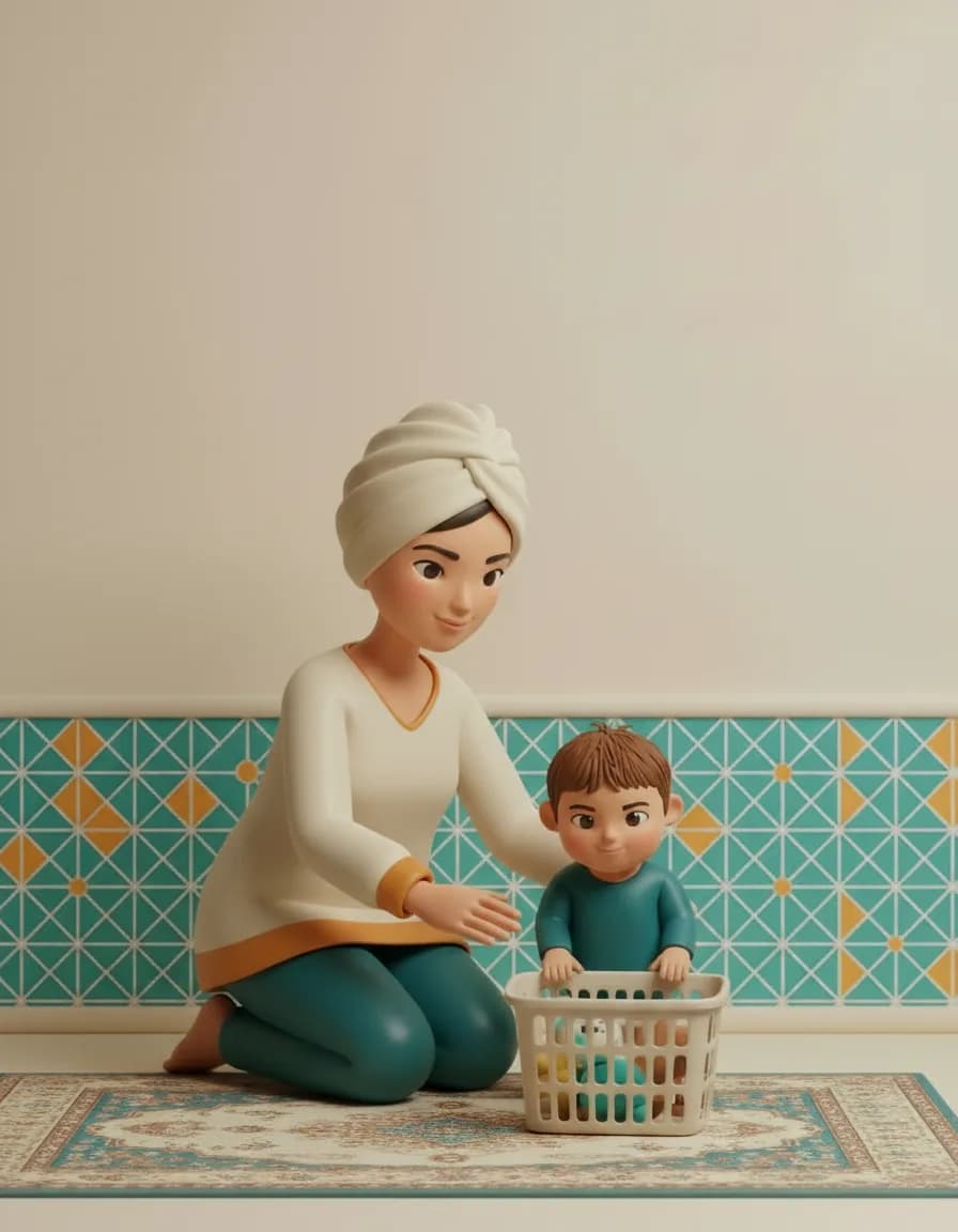 مرحلهی ۲ بازی بارکش کوچولو: کودک را کنار سبد بگذارید و نشانش دهید چطور با دو دست هلش بدهد و راه برود.