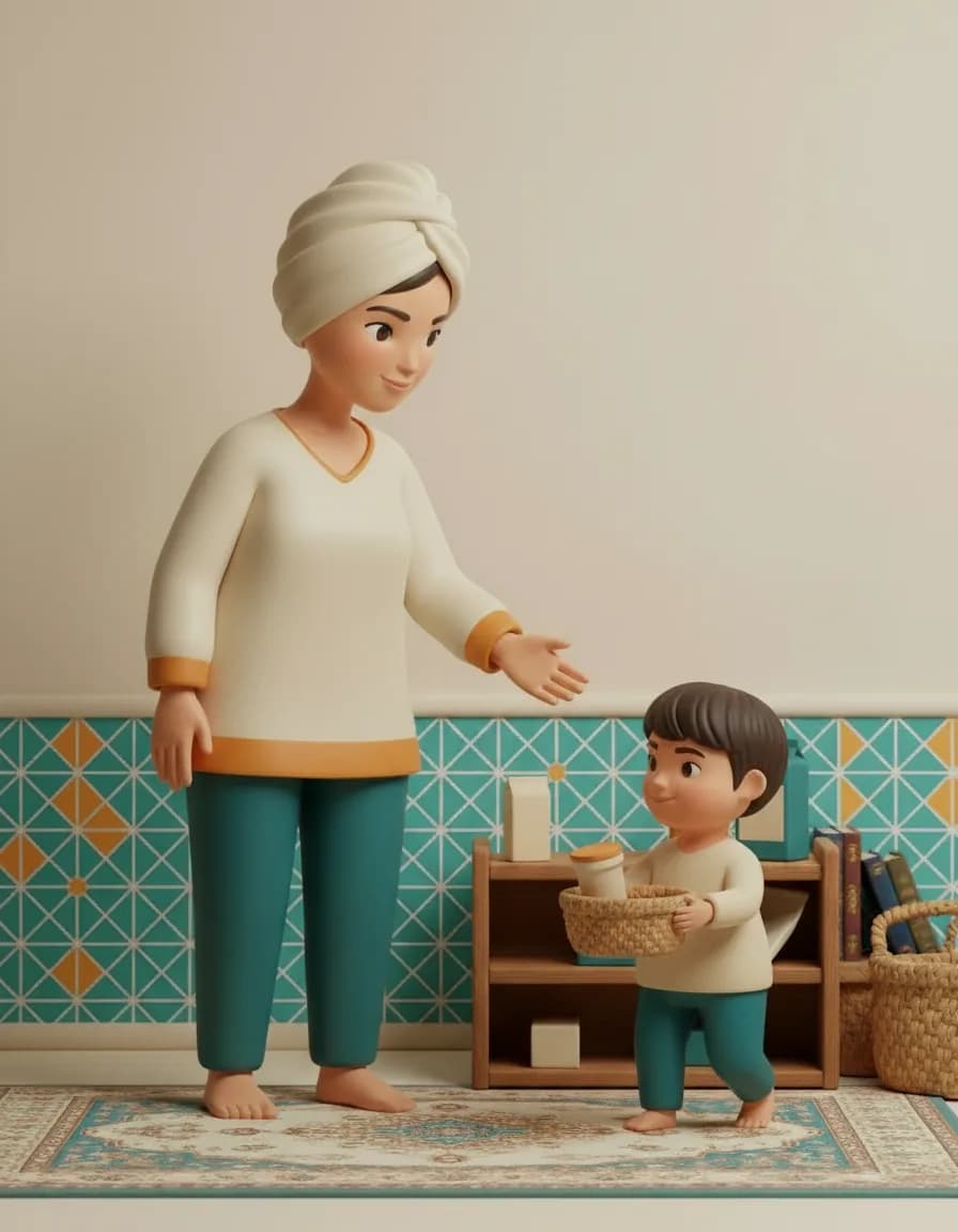 مرحلهی ۲ بازی دنیای کوچولوی خرید: باهم بر اساس دسته (میوه، لبنیات، نون) مرتبشون کنید و اسمشونو بگید.