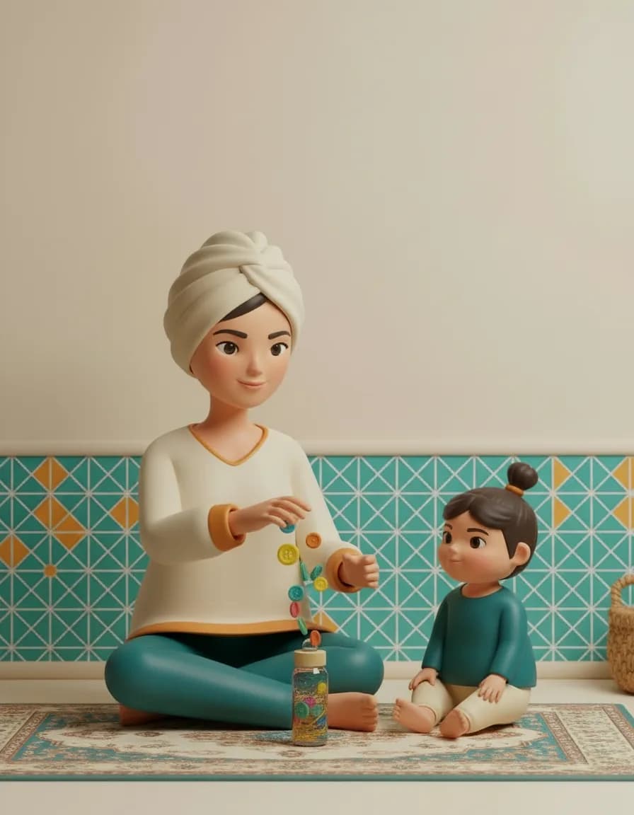 مرحلهی ۱ بازی بطریهای کشف حسی: بطری رو تا نصف با آب پر کن، کمی روغن و چند تا شیء رنگی (دکمهٔ بزرگ، ریسه) بریز داخلش.